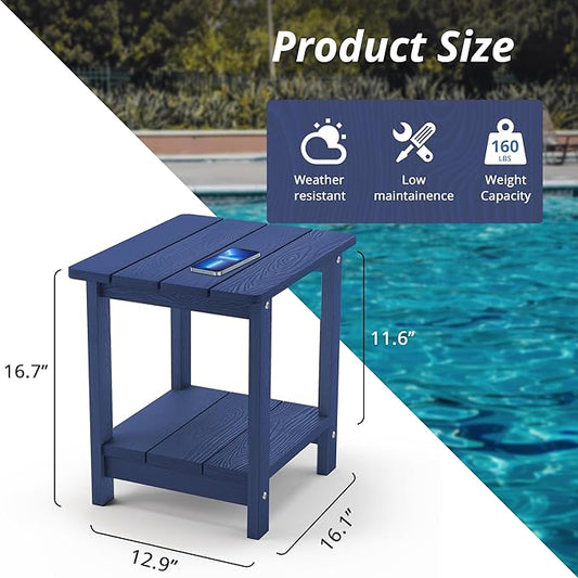 LUE BONA Adirondack Outdoor Side Table, 2-Tier Navy HDPS Patio End Table Weather Resistant, Morden Side Table for Patio, Pool, Porch