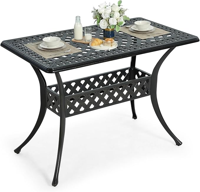 VIVIJASON 42" x 24" Cast Aluminum Outdoor Dining Table, Narrow Rectangular Bistro Table for Small Balcony, Rust Proof & Weather Resistant Patio Furniture for Backyard, Porch, Garden, Dark Bronze