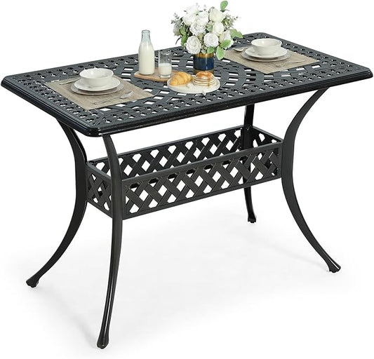 VIVIJASON 42" x 24" Cast Aluminum Outdoor Dining Table, Narrow Rectangular Bistro Table for Small Balcony, Rust Proof & Weather Resistant Patio Furniture for Backyard, Porch, Garden, Dark Bronze