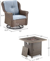 Outdoor Patio Swivel Gliders with Fire Pit Table 5 Piece Set - High Back Brown Wicker Rattan Rocking Chair with Thick - Photo 3