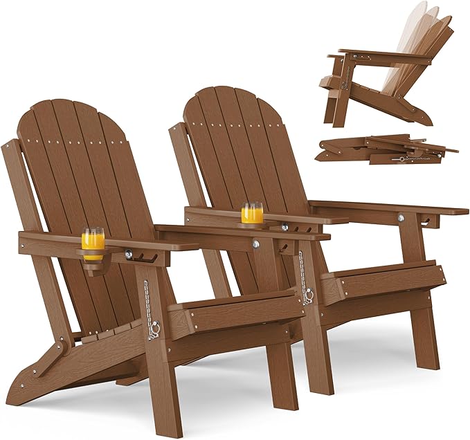 YEFU Adirondack Chairs Set of 2 for Outdoor: Folding Plastic Fire Pit Chair with Cup Holders & Adjustable Backrest - Sturdy All-Weather HDPE for Patio Lawn - Easy Assembly(Teak)