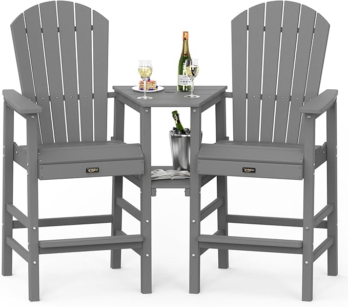 VINGLI Tall Adirondack Chairs Set of 2 with Dual Trays, All-Weather HDPE Outdoor BarStools Poly Deck Chairs for Patio, Poolside and Balcony (Grey)