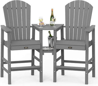 VINGLI Tall Adirondack Chairs Set of 2 with Dual Trays, All-Weather HDPE Outdoor BarStools Poly Deck Chairs for Patio, Poolside and Balcony (Grey)
