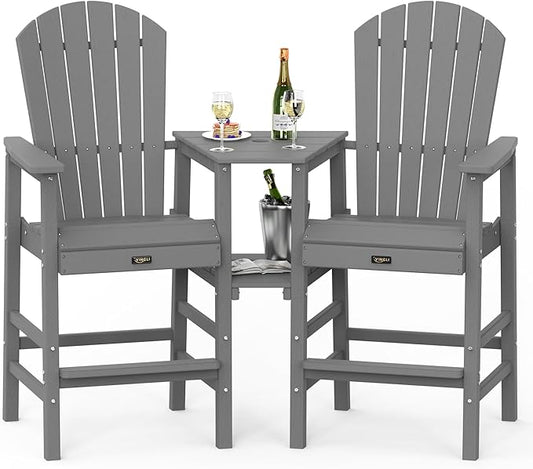 VINGLI Tall Adirondack Chairs Set of 2 with Dual Trays, All-Weather HDPE Outdoor BarStools Poly Deck Chairs for Patio, Poolside and Balcony (Grey)