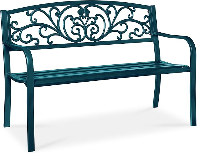 Best Choice Products Outdoor Bench Steel Garden Patio Porch Furniture for Lawn, Park, Deck w/Floral Design Backrest - Photo 1