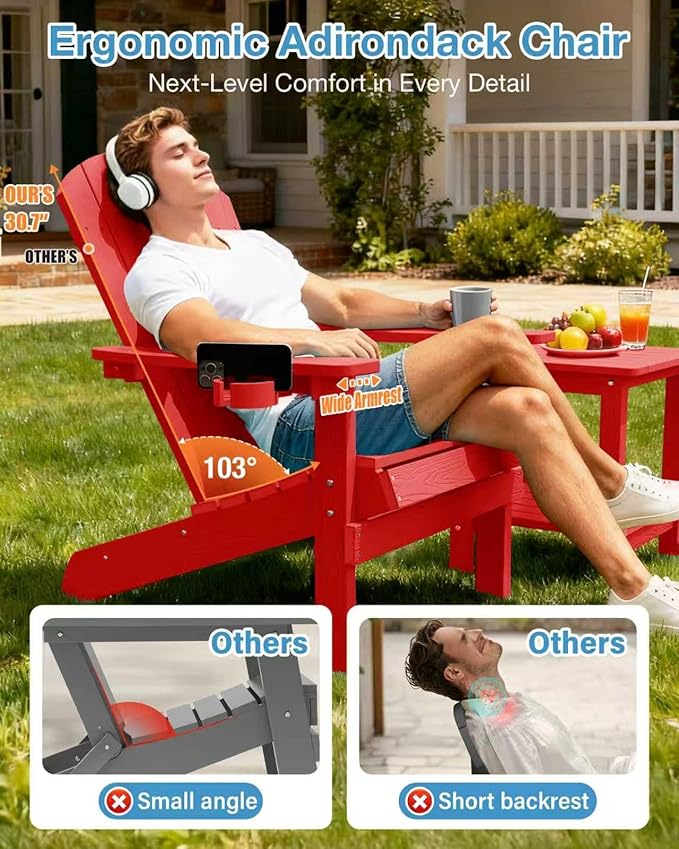 YEFU Adirondack Chair Weather Resistant: Plastic Adirondack Chairs - Patio Chairs with Cup Holder & Wood Texture - Outdoor Chair HIPS - Lawn Fire Pit Deck Porch Garden Chairs for Adults (Red)