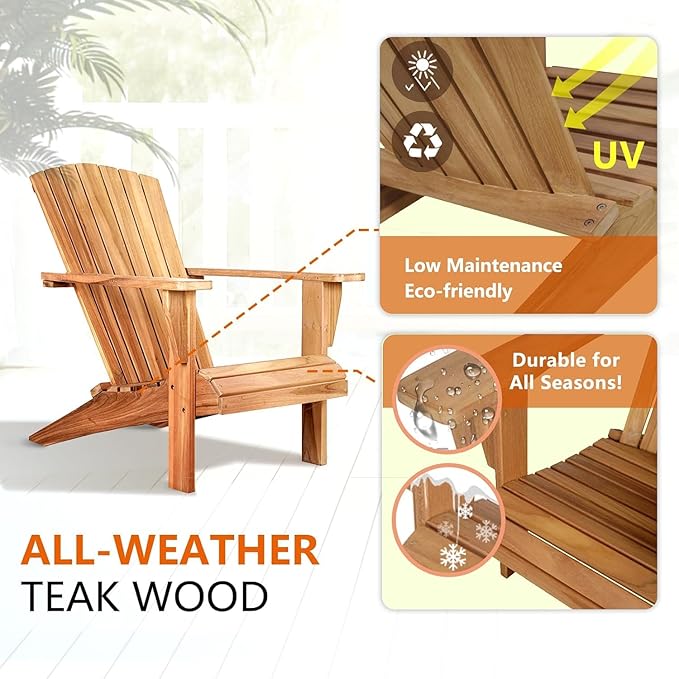 Outdoor Wooden Adirondack Chair, Teak Leisure Line Adirondack Chair All Weather Fire Pit Chair Suitable for Patio Lawn Gardens Terraces Poolside