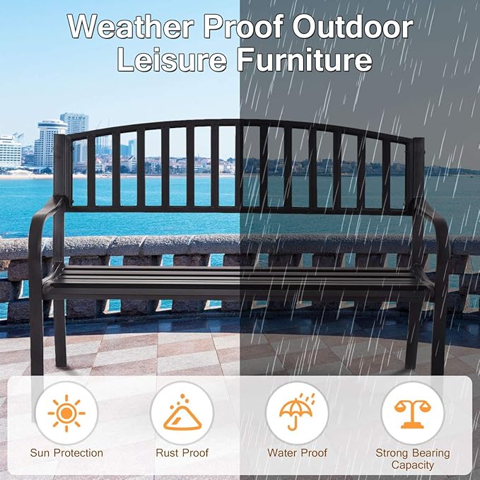 Giantex Outdoor Bench, 50” Patio Garden Bench with Steel Frame, Slat Design, 500 Lbs Weight Capacity, Patio Seating Bench for Porch, Backyard, Poolside, Outside Decor Furniture, Park Loveseat, Black
