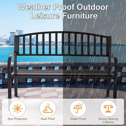 Giantex Outdoor Bench, 50” Patio Garden Bench with Steel Frame, Slat Design, 500 Lbs Weight Capacity, Patio Seating Bench for Porch, Backyard, Poolside, Outside Decor Furniture, Park Loveseat, Black
