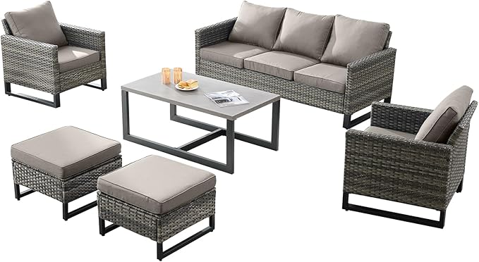 Rilyson Wicker Outdoor Patio Furniture Set - 6 Piece Patio Conversation Set with 2 Armrest Chairs, 2 Rattan Ottoman - Photo 6