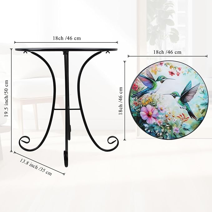 Outdoor Side Table, Hummingbird & Flower Round Accent Table, 18" Metal Indoor Small End Tables, Plant Stand Tables for Patio Yard Balcony Garden Bedside