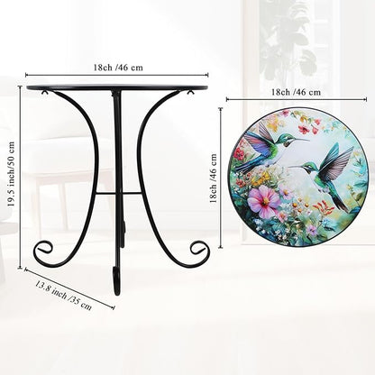 Outdoor Side Table, Hummingbird & Flower Round Accent Table, 18" Metal Indoor Small End Tables, Plant Stand Tables for Patio Yard Balcony Garden Bedside