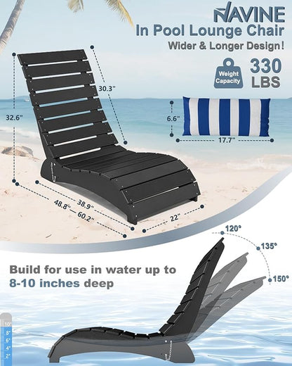 Pool Lounge Chairs, HDPE Adjustable Chaise Chairs with Headrest, Weighted Fade-Resistant Pool Chairs and Lounger for Baja Ledge，Poolside and Deck, Black