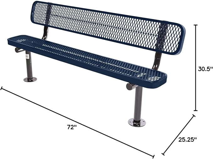 COATEDOUTDOORFURNITURE Coated Outdoor Furniture Heavy-Duty Outdoor Bench Thermoplastic Coated, Expanded Metal, Commercial-Grade Seating, Made in America (Surface with Back, 6 Ft, Textured Dark Blue)