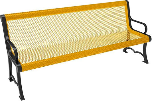 COATEDOUTDOORFURNITURE Coated Outdoor Furniture Heavy-Duty Outdoor Bench Thermoplastic Coated, Expanded Metal, Commercial-Grade Garden Bench, Made in America (Portable with Back, 6 Ft, Yellow)