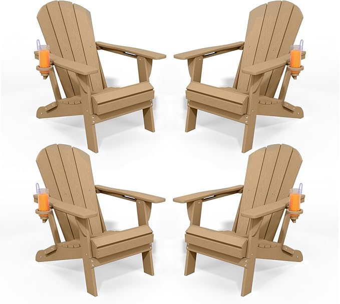 Folding Adirondack Chairs with Cup Holders, Set of 4 HDPE Plastic Outdoor Chairs, Weather Resistant, Real Wood Look - Photo 1