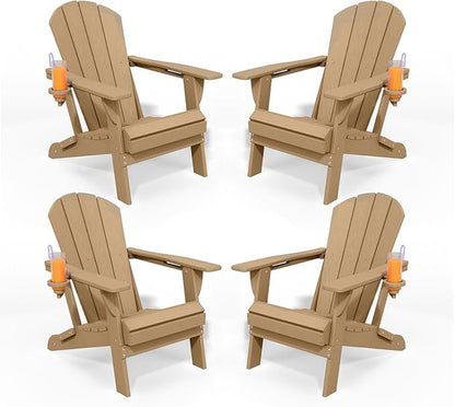 Folding Adirondack Chairs with Cup Holders, Set of 4 HDPE Plastic Outdoor Chairs, Weather Resistant, Real Wood Look, Heavy-Duty Patio Furniture for Deck, Fire Pit, Backyard, Brown