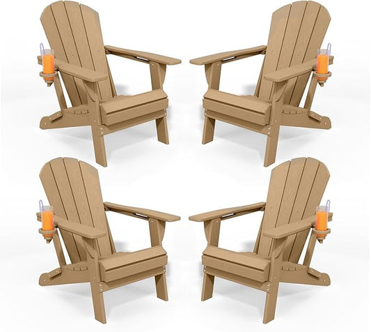 Folding Adirondack Chairs with Cup Holders, Set of 4 HDPE Plastic Outdoor Chairs, Weather Resistant, Real Wood Look, Heavy-Duty Patio Furniture for Deck, Fire Pit, Backyard, Brown