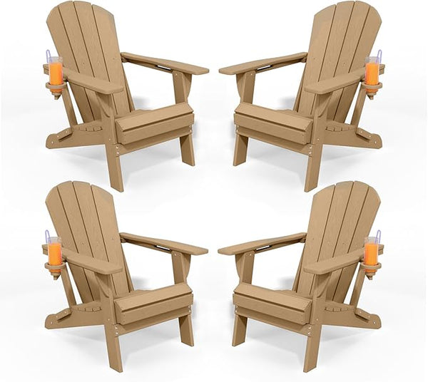 Folding Adirondack Chairs with Cup Holders, Set of 4 HDPE Plastic Outdoor Chairs, Weather Resistant, Real Wood Look - Photo 1