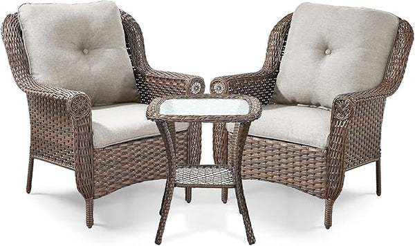 3 Piece Patio Brown Wicker Chairs with Side Table - Outdoor High Back Heavy Duty All-Weather Lawn Dining Rattan Chair - Photo 1