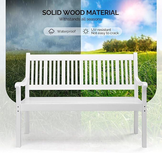 VINGLI 50" Outdoor Wood Bench, Weatehr Resistant Wooden Garden Patio Bench with Comfortable Backrest & Curved Armrest, 800lb Capacity Loveseat for Front Porch Park Yard Deck (White, Dense Slatted)