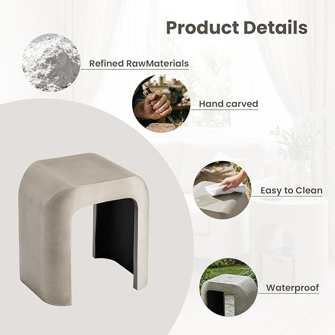 COSIEST Grey Outdoor Side Table, 17.7" Modern Concrete End Table with Arched Open for Patio, Small Outside Accent Table & Plant Stand for Garden, Porch, Deck, Balcony
