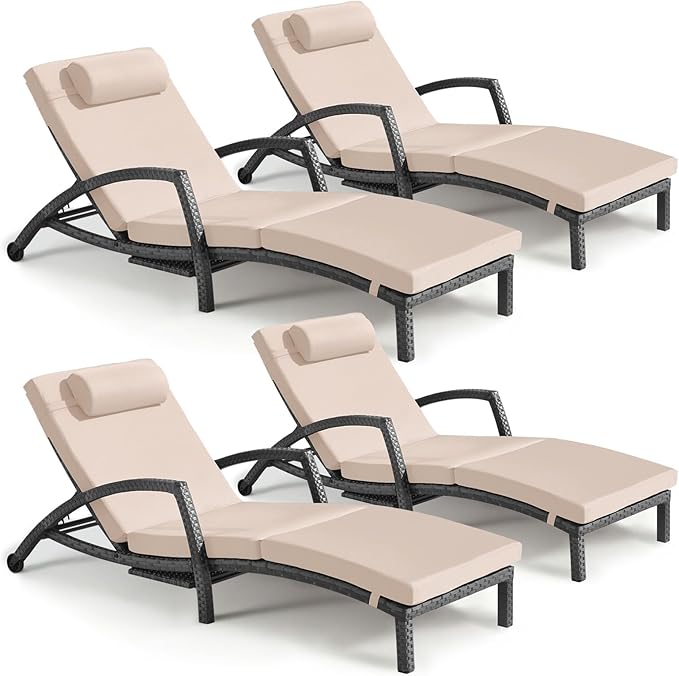 Chaise Lounge Chairs Outdoor Set of 4, Comfy Outside Wicker Patio Pool Lounge Chair w/ 5 Adjustable Back Angle - Photo 1