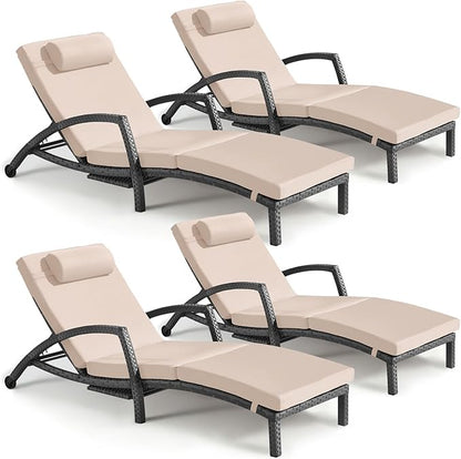 Chaise Lounge Chairs Outdoor Set of 4, Comfy Outside Wicker Patio Pool Lounge Chair w/ 5 Adjustable Back Angle, Cup Holder, Thicken Cushion