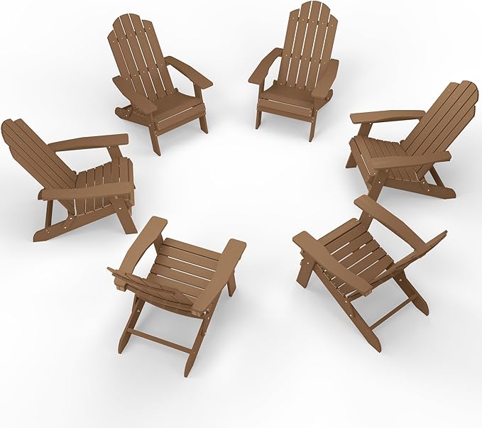 MXIMU Folding Adirondack Chair for Outdoor: Easy to Assemble and Comfortable Adirondack Chairs Set of 6 - All Weather Composite Plastic Chair for Outside Fire Pit Patio Lawn Garden Backyard Use(Teak)
