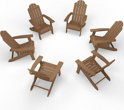 MXIMU Folding Adirondack Chair for Outdoor: Easy to Assemble and Comfortable Adirondack Chairs Set of 6 - All Weather Composite Plastic Chair for Outside Fire Pit Patio Lawn Garden Backyard Use(Teak)
