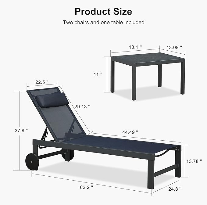 PURPLE LEAF Patio Lounge Chair Set Outdoor Chaise Lounger Aluminum Frame with 2 Side Table and Wheels for Pool Outside Sunbathing Tanning Recliner Including Pillows Navy Blue
