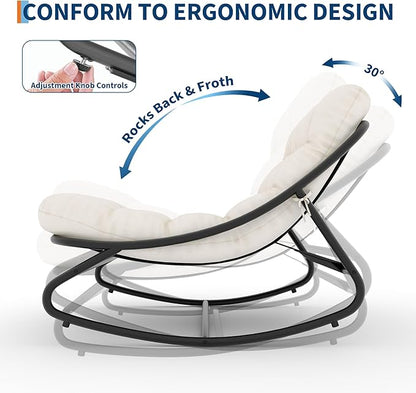 PeakPursuit Indoor Outdoor Papasan Rocking Chair with Cushion, Oversized Outdoor Rocking Chair, All Weather Rocking Papasan Chair for Bedroom/Living Room/Porch/Garden/Patio