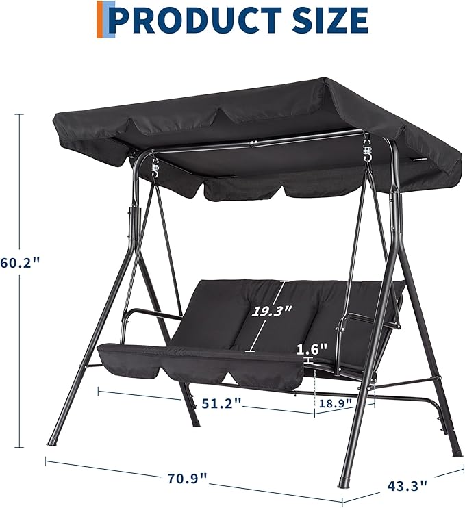 3-Seat Outdoor Porch Swing Chair with Adjustable Canopy & Thickened Cushions - Photo 2