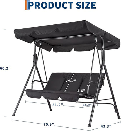 3-Seat Outdoor Porch Swing Chair with Adjustable Canopy & Thickened Cushions, Glider Bench with Non-Slip Feet & Strong Spring Hooks/UV Resistant/Waterproof/500 Lbs Capacity for Patio, Garden, Backyard