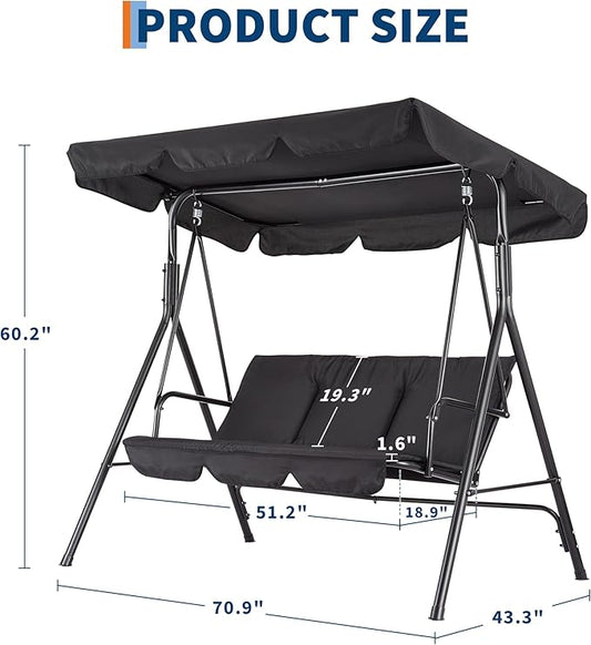 3-Seat Outdoor Porch Swing Chair with Adjustable Canopy & Thickened Cushions, Glider Bench with Non-Slip Feet & Strong Spring Hooks/UV Resistant/Waterproof/500 Lbs Capacity for Patio, Garden, Backyard
