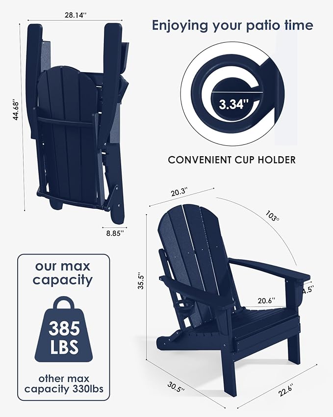 Folding Adirondack Chairs Set of 6, All-Weather Resistant HDPE Patio Firepit Chairs, Sturdy Outside Chairs with Cup Holder, Lawn Chairs, 80% Pre-Installed Load Capacity 385lb, Navy Blue