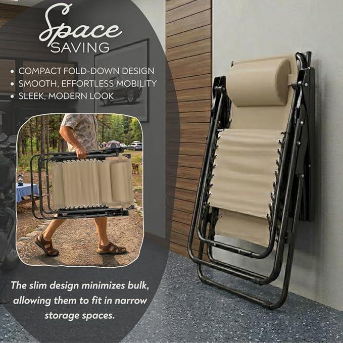 2-Pack Adjustable Zero Gravity Lounge Chair with Steel Mesh Fabric: Reclining Lawn Chair Featuring Comfort Pillow - Photo 6