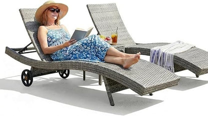 Wicker Outdoor Lounge Chairs with Rolling Wheels, Pool Lounge Chairs Set of 2, Rattan Outdoor Lounger with Pull Out Side Table, Adjustable Backrest Patio Chaise Lounges, Gray