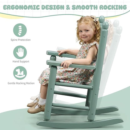 Outvita Kids Rocking Chair, Ergonomic Sturdy Toddler Rocking Chair with High Backrest & Rounded Armrests, Safe Solid Wood Baby Rocker Chair for Age 3-6, Outdoor, Living Room, Reading Room(Green)