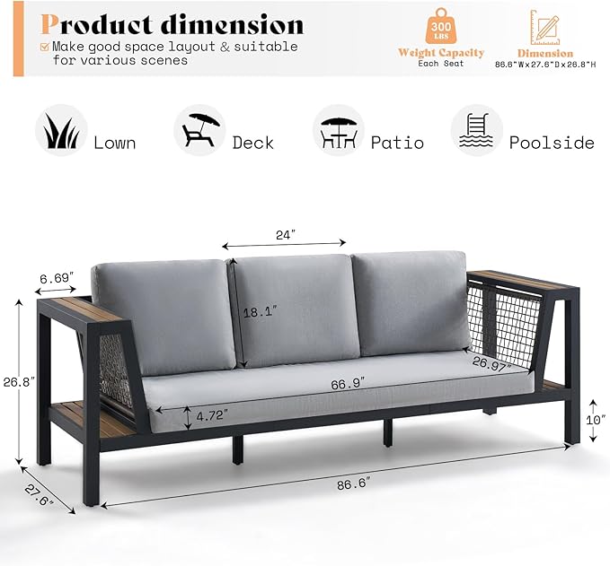 Outdoor Aluminum Patio Sofa, Modern 3-Seater Tool-Free Assembly Couch with Side Table Armrest, Deep Seating with Thick Cushions, Weatherproof Backyard Furniture for Porch, Balcony, Deck