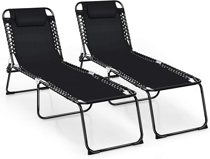 Giantex Chaise Lounge Chair Outdoor - Patio Lounge Chair w/Pillow, 4-Level Adjustable Backrest, 2-Level Footrest, Heightened 16” Pool Lounger for Beach, Lawn, Tanning Chairs for Outside (2, Black)