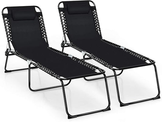 Giantex Chaise Lounge Chair Outdoor - Patio Lounge Chair w/Pillow, 4-Level Adjustable Backrest, 2-Level Footrest, Heightened 16” Pool Lounger for Beach, Lawn, Tanning Chairs for Outside (2, Black)