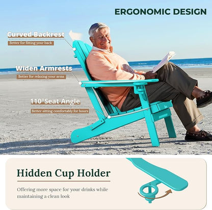 BRIOPAWS Folding-Adirondack-Chairs Set of 4 | HDPE Plastic | Fire Pit Chair | Cup Holder | Curved Back | All Weather | for Outdoor Backyard Deck Patio | Aqua