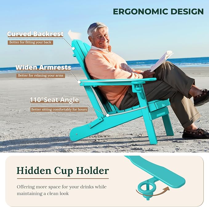 BRIOPAWS Folding-Adirondack-Chairs Set of 6 | HDPE Plastic | Fire Pit Chair | Cup Holder | Curved Back | All Weather | for Outdoor Backyard Deck Patio | Aqua