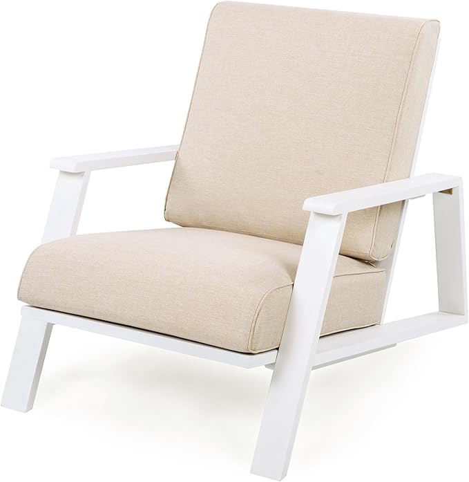 Christopher Knight Home Smeb Lounge Chair Outdoor with Cushions, Acacia Wood Adirondack Chair, Slatted Design Side Chair, Extra Seating for Balcony Backyard Poolside Garden, White + Beige