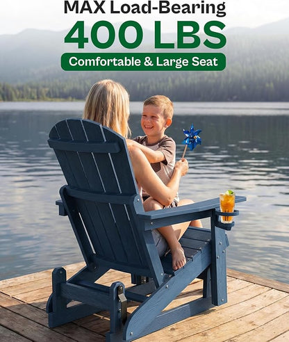 3-Position Adjustable Adirondack Chair with Cup Holder Set of 2, HDPE All-Weather Outdoor Glider Chair, Wood-Grain Fire Pit Chairs for Pool, Yard, Deck (Blue)