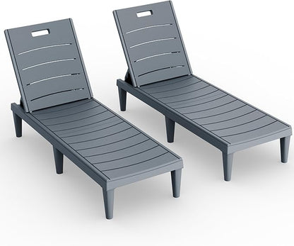 Devoko Outdoor Chaise Lounge Chair Set of 2 with 5-Position Adjustable Back, Waterproof & Lightweight PP Lounge Chairs for Outside Pool Patio (Light Grey)