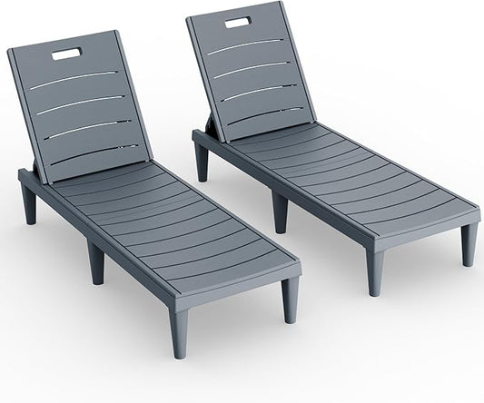 Devoko Outdoor Chaise Lounge Chair Set of 2 with 5-Position Adjustable Back, Waterproof & Lightweight PP Lounge Chairs for Outside Pool Patio (Light Grey)