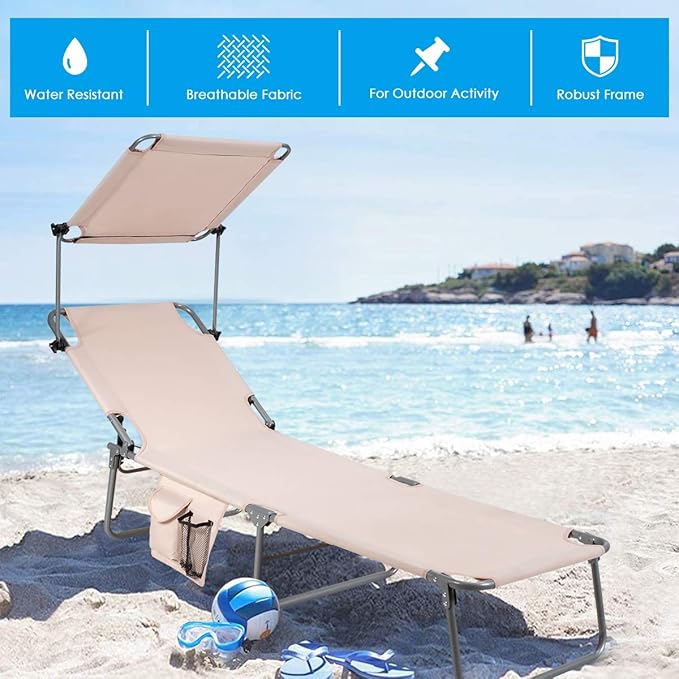 COSTWAY Beach Lounge Chair, Foldable Chaise Lounge with Canopy, Adjustable Backrest & Side Pocket, Tanning Chair for Seaside, Pool, Patio (Beige)