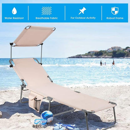 COSTWAY Beach Lounge Chair, Foldable Chaise Lounge with Canopy, Adjustable Backrest & Side Pocket, Tanning Chair for Seaside, Pool, Patio (Beige)